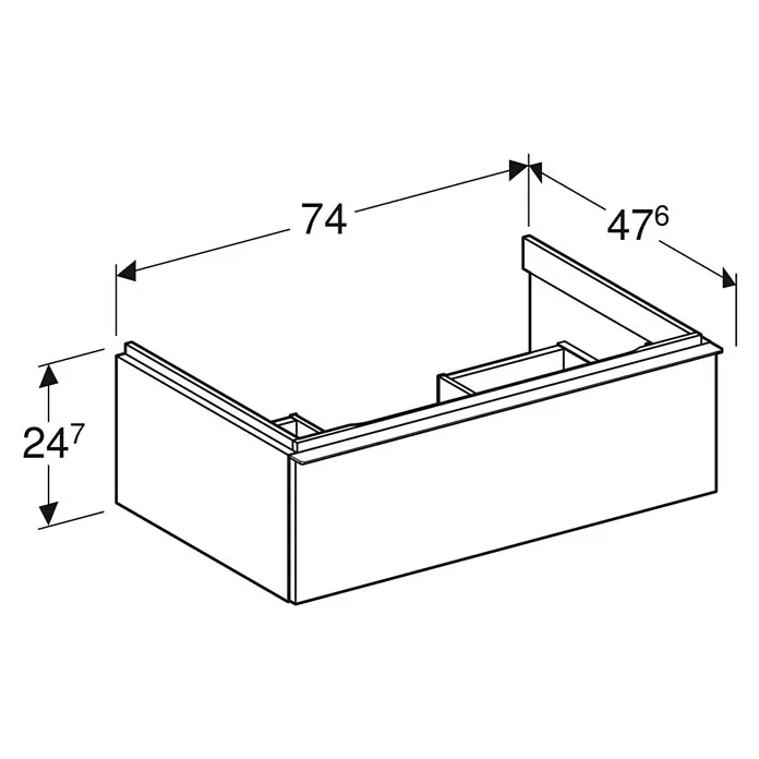 Geberit iCon Waschtischunterschrank - 74 x 47,6 x 24,7 cm, Eiche - Abbildung eines Waschbeckenunterschranks mit Maßangaben. Praktisches Badmöbel für mehr Stauraum und Ordnung im Badezimmer.