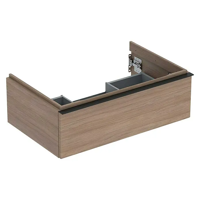 Geberit iCon Waschtischunterschrank - 74 x 47,6 x 24,7 cm, Eiche - Nahaufnahme eines Waschtischunterschranks in Holzoptik, der Stauraum und ein modernes Design für das Badezimmer bietet.