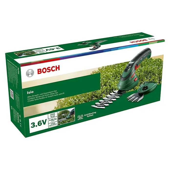 Bosch Podadora de batería - 3,6 V, Iones de litio, 1,5 Ah, 1 batería, Anchura de la hoja: 8 cm, Duración de la batería: 50 min - La imagen muestra el empaque de un juego de tijeras para arbustos y césped inalámbricas Bosch Isio, una práctica herramienta de jardinería.