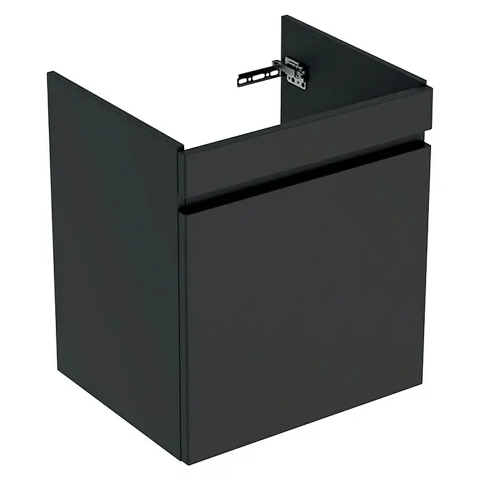 Geberit Renova Plan Waschtischunterschrank - 53,6 x 44,6 x 60,6 cm, Lava - Ein modernes schwarzes Badezimmermöbel mit einer Schublade und einem integrierten Scharnier für ein minimalistisches Design.