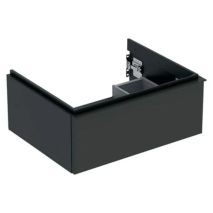 Geberit iCon Waschtischunterschrank - 59,2 x 47,6 x 24,7 cm, Lava - Abgebildeter Unterschrank in dunkler Ausführung mit offenem Schrankfach und Beschlägen. Ideal für moderne Badezimmerdesigns.