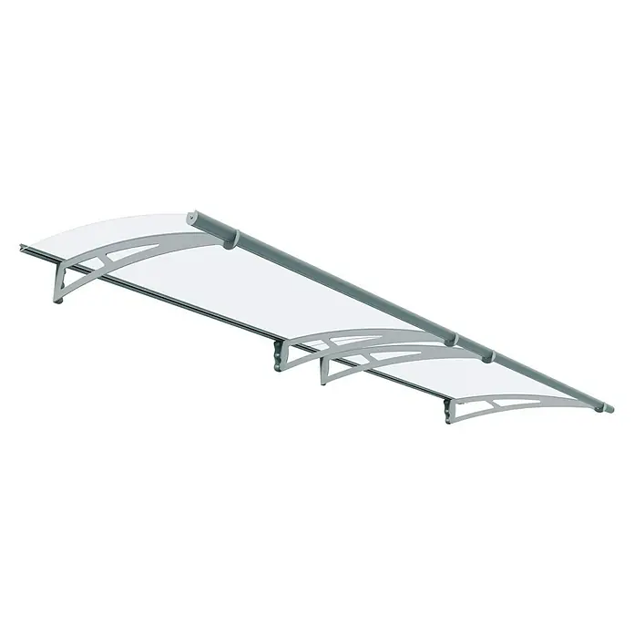 Palram – Canopia Pultvordach Aquila - 302 x 91,5 x 17,5 cm, Hellgrau, Farbe Dach: Klar - Produktbild einer eleganten, weißen Haustürüberdachung mit grauem Rahmen, ideal für den Eingangsbereich. Schützt zuverlässig vor Wind und Wetter.