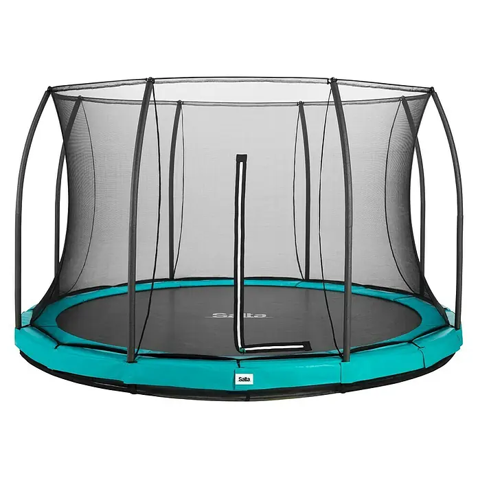 Salta Trampolin Comfort Edition Ground - Durchmesser: 366 cm, Grün - Abbildung eines Salta-Trampolins mit Sicherheitsnetz, das ein sicheres Hüpfen im Garten gewährleistet. Das Trampolin ist blaugrün und schwarz.