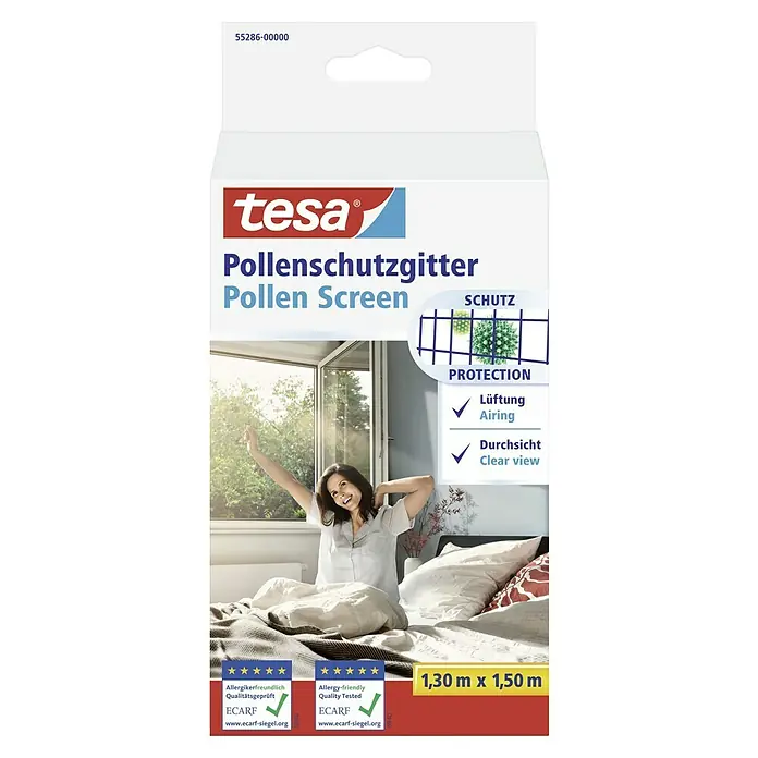 Tesa Insect Stop Malla protectora anti-polen - An x Al: 130 x 150 cm, Montaje de la mosquitera: Enganche - Imagen del producto de un paquete de Tesa Pollen Screen, que proporciona protección contra las alergias y una vista clara.
