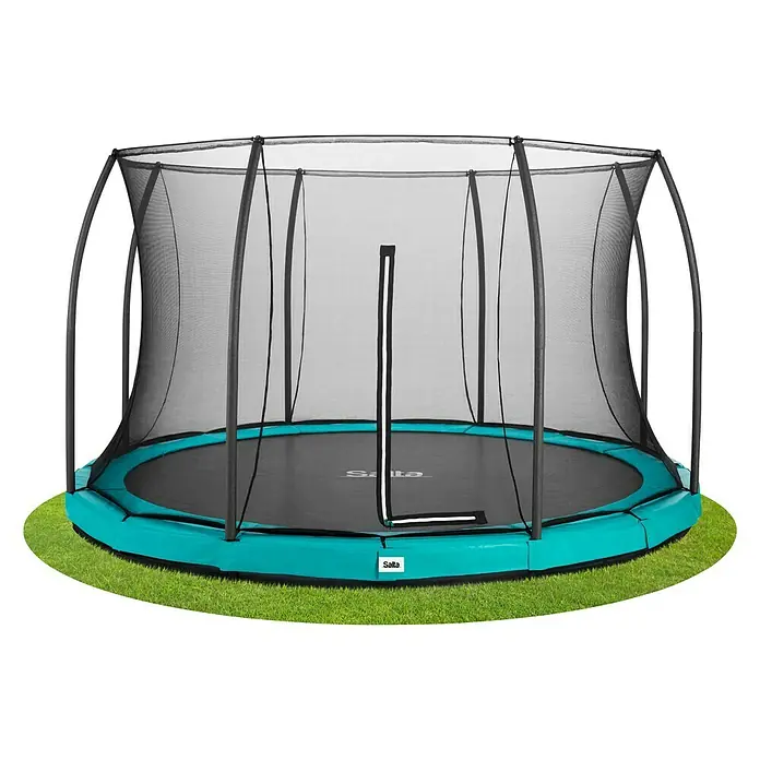 Salta Trampolin Comfort Edition Ground - Durchmesser: 366 cm, Grün - Ein runder Salta-Trampolin mit Sicherheitsnetz auf einer Rasenfläche, ideal für Familienspaß im Freien.