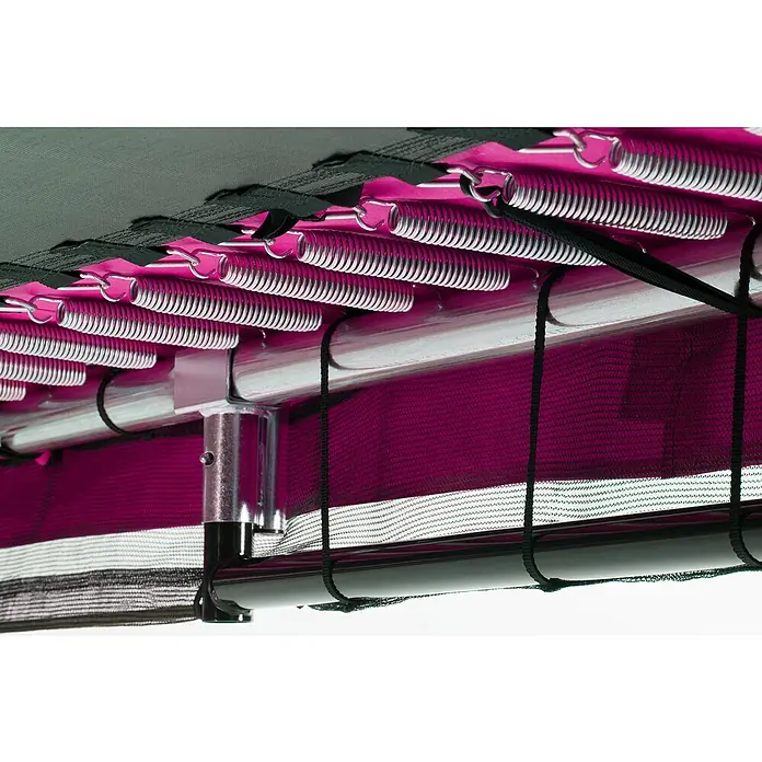 Salta Trampolin Comfort Edition Ground - Pink, L x B: 153 x 214 cm - Nahaufnahme der Federn und des Rahmens eines Trampolins mit rosa Akzenten, die die Konstruktionsdetails hervorheben.