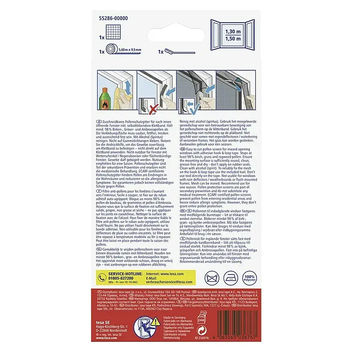 Tesa Insect Stop Malla protectora anti-polen - An x Al: 130 x 150 cm, Montaje de la mosquitera: Enganche - Instrucciones para la malla antipolen Tesa para ventanas, mostrando una fácil instalación y las piezas incluidas, ideal para alérgicos.