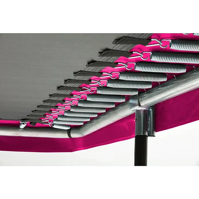 Salta Trampolin Comfort Edition - Pink, L x B: 214 x 305 cm - Nahaufnahme der Federn und des Rahmens eines Trampolins, die die Konstruktionsdetails hervorheben.