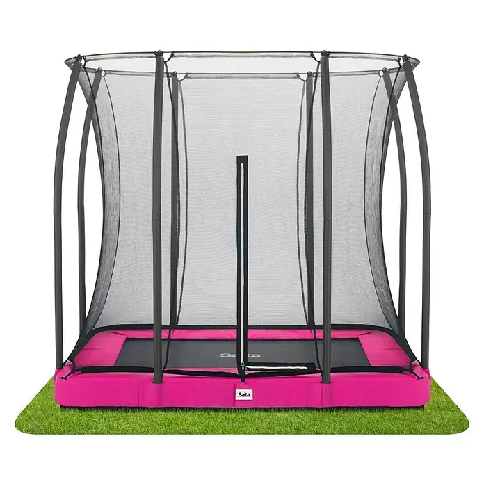 Salta Trampolin Comfort Edition Ground - Pink, L x B: 153 x 214 cm - Ein rechteckiges Salta-Trampolin in Pink mit Sicherheitsnetz auf Rasen.