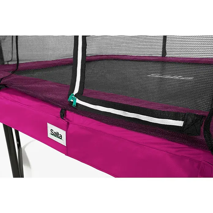 Salta Trampolin Comfort Edition - Pink, L x B: 214 x 305 cm - Nahaufnahme eines Salta Trampolins mit Sicherheitsnetz und rosa Randpolsterung.