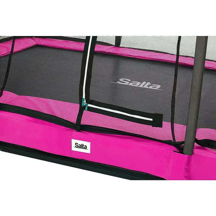 Salta Trampolin Comfort Edition Ground - Pink, L x B: 153 x 214 cm - Nahaufnahme eines pinkfarbenen Salta-Trampolins, das Details wie Sicherheitsnetz und Polsterung hervorhebt.