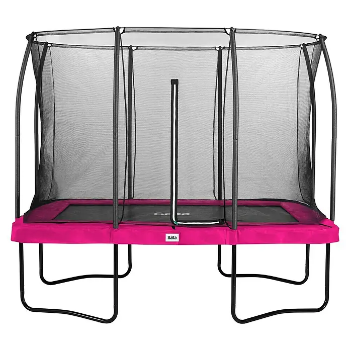 Salta Trampolin Comfort Edition - Pink, L x B: 214 x 305 cm - Ein rechteckiges Gartentrampolin von Salta mit Sicherheitsnetz und pinkfarbenem Rand für sicheren Springspaß im Freien.