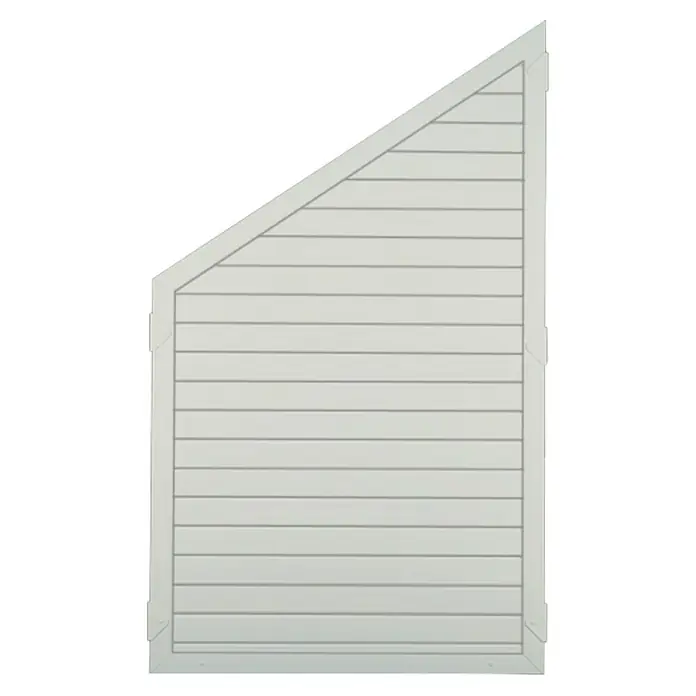 T & J Lightline Sichtschutzelement Ecke - 90 x 150 cm, Abgeschrägt, Weiß - Weiße Holzschindelwand mit asymmetrischem Design. Die horizontalen Linien betonen die Textur und verleihen dem Produkt einen modernen Look.