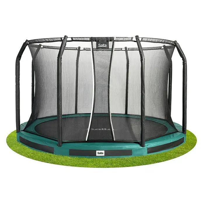 Salta Trampolin Premium Ground - Durchmesser: 305 cm, Grün - Ein grünes Salta-Trampolin mit Sicherheitsnetz steht auf einer Wiese. Das Trampolin ist bereit für Sprungspaß im Garten.
