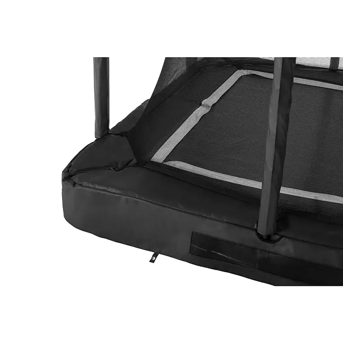 Salta Trampolin Premium Ground - Grün, 214 x 153 cm - Detailaufnahme eines schwarzen Trampolins mit Sicherheitsnetz und gepolstertem Rand, ideal für den Garten.
