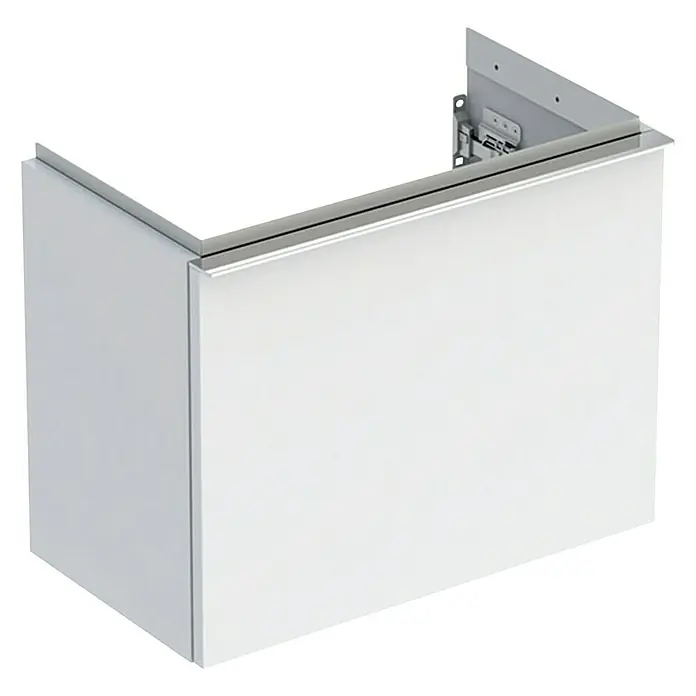 Geberit iCon Waschtischunterschrank52 x 30,7 x 41,5 cm, Weiß - Moderne Badezimmereinheit mit weißen Schrankfronten und silbernen Akzenten, ideal für stilvolle Badezimmerdesigns und praktische Aufbewahrungslösungen.