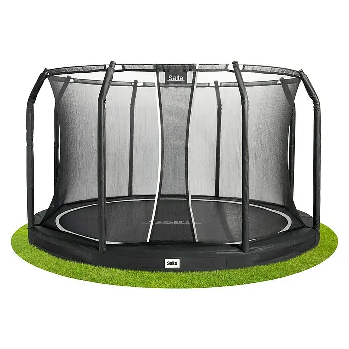 Salta Trampolin Premium Ground - Durchmesser: 251 cm, Schwarz - Ein Salta Trampolin mit Sicherheitsnetz und grüner Grasfläche, ideal für den Garten und aktive Freizeitgestaltung.