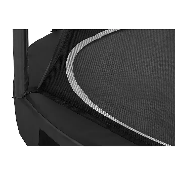 Salta Trampolin Premium Ground - Durchmesser: 251 cm, Schwarz - Nahaufnahme eines schwarzen Trampolins mit Sicherheitsnetz und Randpolsterung, das einen sicheren und unterhaltsamen Sprungbereich bietet.