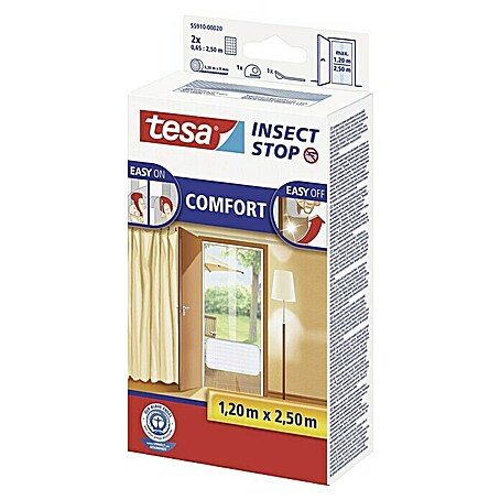 Tesa Insect Stop Insektenschutzgitter Comfort für Türen (B x L: 120 x 250 cm, Klettbefestigung, Weiß)