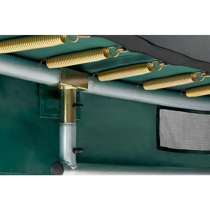 Salta Trampolin Premium Ground - Durchmesser: 305 cm, Grün - Detailansicht eines Trampolins mit Federn, Rahmen und Beinbefestigung. Ideal für den sicheren Springspass im Garten.