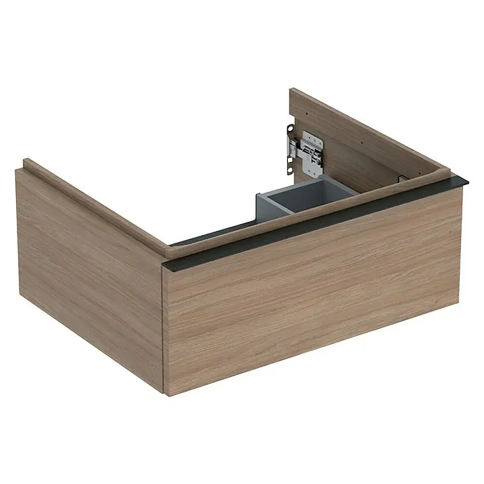 Geberit iCon Waschtischunterschrank - 59,2 x 47,6 x 24,7 cm, Eiche - Ein Unterschrank in Holzoptik mit modernen Beschlägen und integriertem Abfallbehälter, ideal für ein stilvolles Badezimmer.
