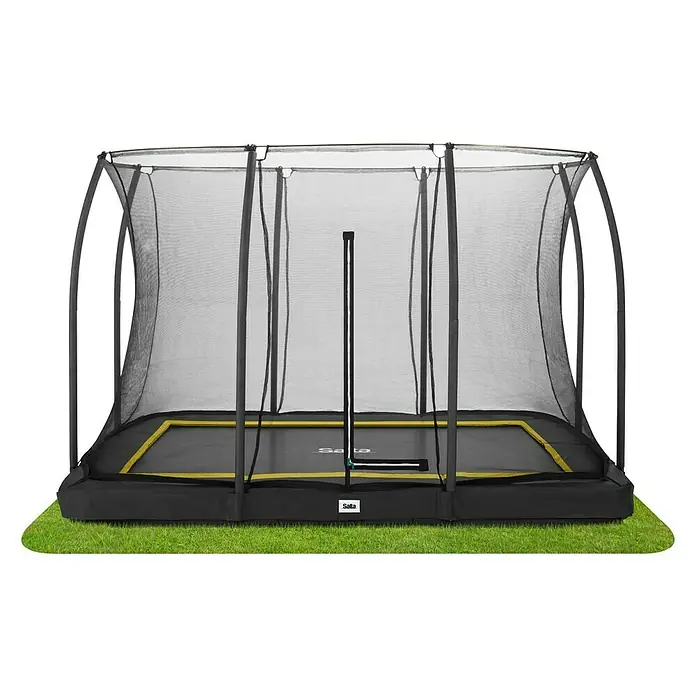 Salta Trampolin Comfort Edition Ground - Schwarz, L x B: 214 x 305 cm - Ein rechteckiges Salta-Trampolin mit Sicherheitsnetz auf Rasen. Ideal für sicheren Springspaß im Garten.