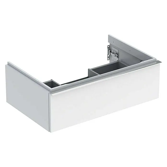 Geberit iCon Waschtischunterschrank - 74 x 47,6 x 24,7 cm, Weiß - Aufnahme eines weißen Unterschranks mit offenem Innenraum und sichtbaren Befestigungen.