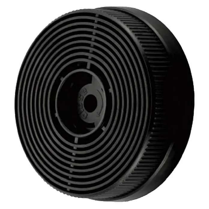 PKM Aktivkohlefilter CF 145 - Kunststoff, Gesamtstückzahl: 2 Stk., Passend für: PKM Dunstabzugshauben S20er Modelle, S27 Modelle (200W Motor) - Abbildung eines runden, schwarzen Dunstabzugshaubenfilters mit konzentrischen Ringen und einem Drehverschluss.