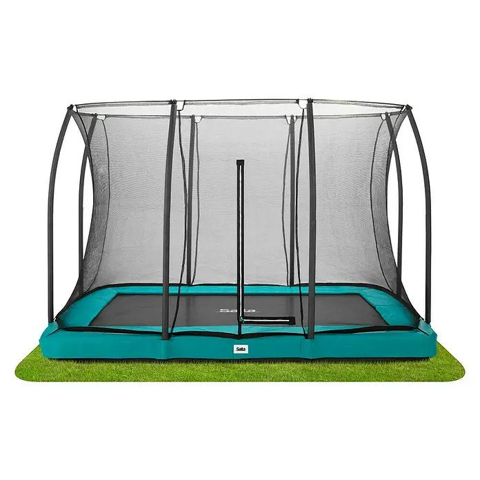 Salta Trampolin Comfort Edition Ground - Grün, L x B: 214 x 305 cm - Abbildung eines rechteckigen Salta-Trampolins mit Sicherheitsnetz und blaugrüner Polsterung, das auf einem grünen Rasen steht.