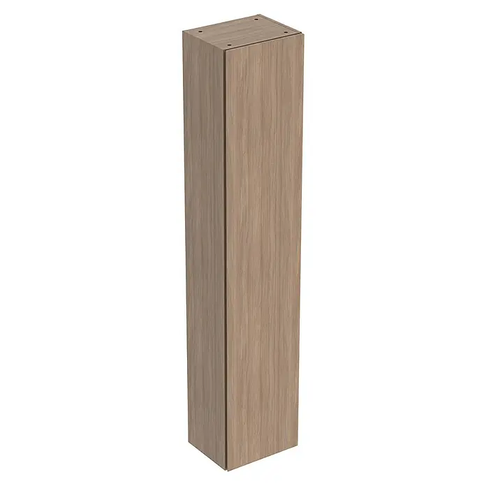 Geberit iCon Hochschrank - 36 x 29,1 x 180 cm, Eiche - Produktbild eines hohen, schlanken Holzschranks in heller Holzoptik mit quadratischer Grundfläche und einfacher Tür.