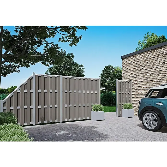 T & J Sichtschutzelement Jinan - 90 x 90/180 cm, Silbergrau - Eine graue Gartenzaun- und Toranlage mit silbernen Akzenten, die Privatsphäre schafft und das Grundstück stilvoll begrenzt.
