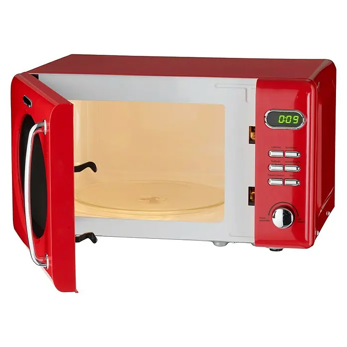 Wolkenstein Mikrowelle WMW 720 FR - Max. Leistung: 700 W, 20 l, Rot - Roter Retro-Mikrowellenherd mit geöffneter Tür, der das Innere und das Bedienfeld mit Digitalanzeige zeigt.