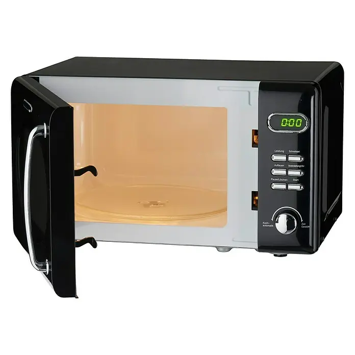 Wolkenstein Mikrowelle WMW 720 B - Max. Leistung: 700 W, 20 l, Schwarz - Schwarzer Mikrowellenherd mit geöffneter Tür, beleuchtetem Innenraum und digitaler Anzeige mit "0:00".