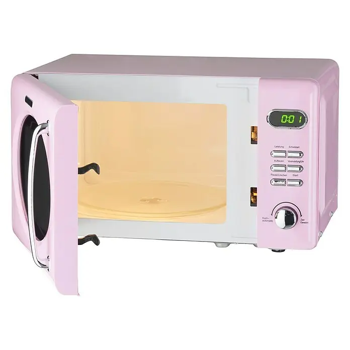 Wolkenstein Mikrowelle WMW 720 SP - Max. Leistung: 700 W, 20 l, Pink - Rosa Retro-Mikrowelle mit geöffneter Tür und Drehteller im Inneren, die einen Hauch von Vintage-Charme in jede Küche bringt.