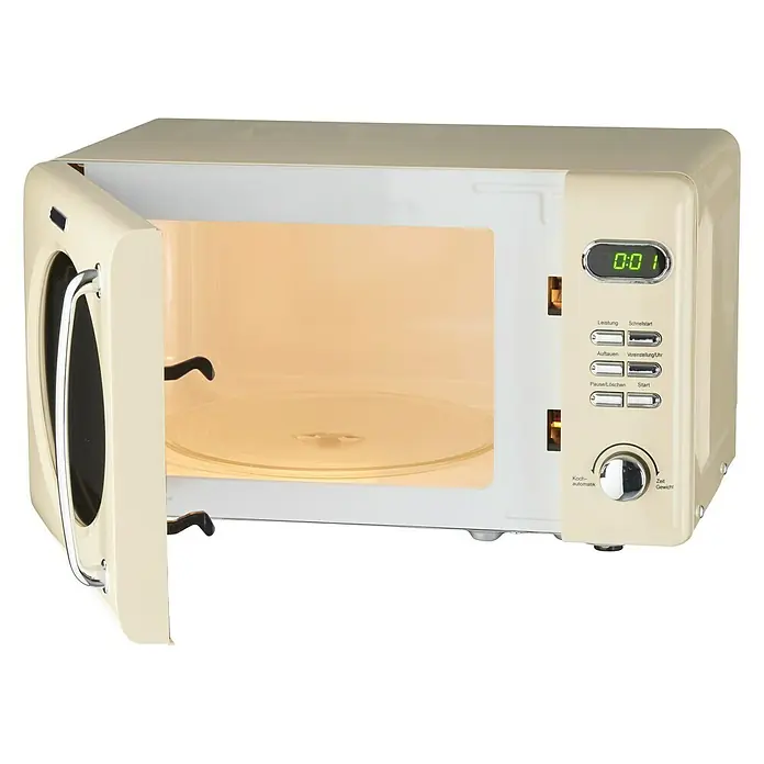 Wolkenstein Mikrowelle WMW 720 CR - Max. Leistung: 700 W, 20 l, Creme - Abgebildete Mikrowelle in Beige mit geöffneter Tür und Drehknopf. Ein zeitloses Küchengerät mit digitaler Anzeige für präzises Kochen.