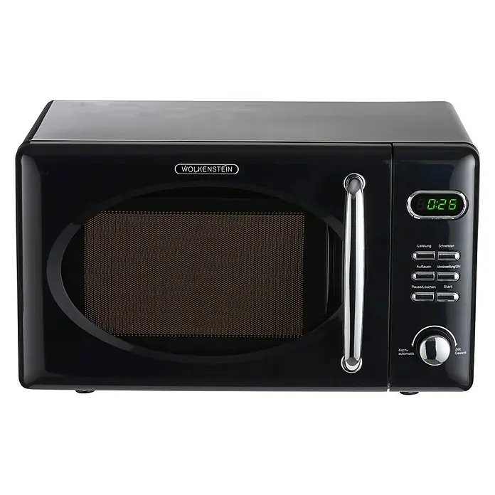 Wolkenstein Mikrowelle WMW 720 B - Max. Leistung: 700 W, 20 l, Schwarz - Schwarzer Wolkenstein Retro-Mikrowellenherd mit digitaler Anzeige und Drehknopf.
