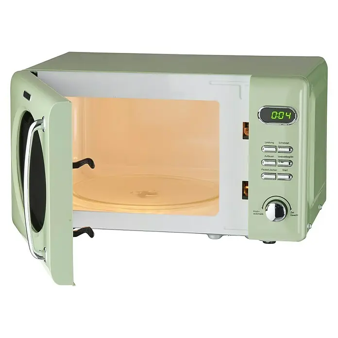 Wolkenstein Mikrowelle WMW 720 SG - Max. Leistung: 700 W, 20 l, Grün - Mikrowelle mit geöffneter Tür und Bedienelementen in Pastellgrün. Sie verfügt über ein digitales Display und verschiedene Funktionen.