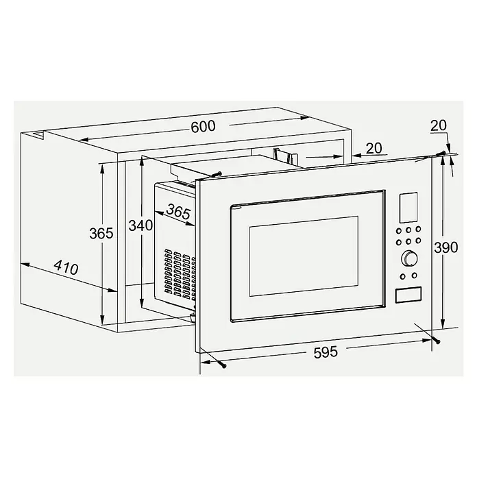 Wolkenstein Einbau-Mikrowelle WMW900-25 GB - Max. Leistung: 900 W, 25 l, Schwarz - Eine technische Zeichnung eines Mikrowellengeräts mit Maßangaben für den Einbau in eine Küche.