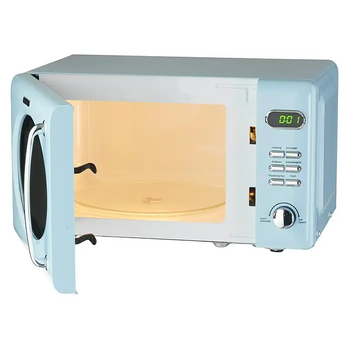 Wolkenstein Mikrowelle WMW 720 LB - Max. Leistung: 700 W, 20 l, Blau - Freistehende hellblaue Mikrowelle mit geöffneter Tür und Glasdrehteller. Die Digitalanzeige zeigt "0:01".