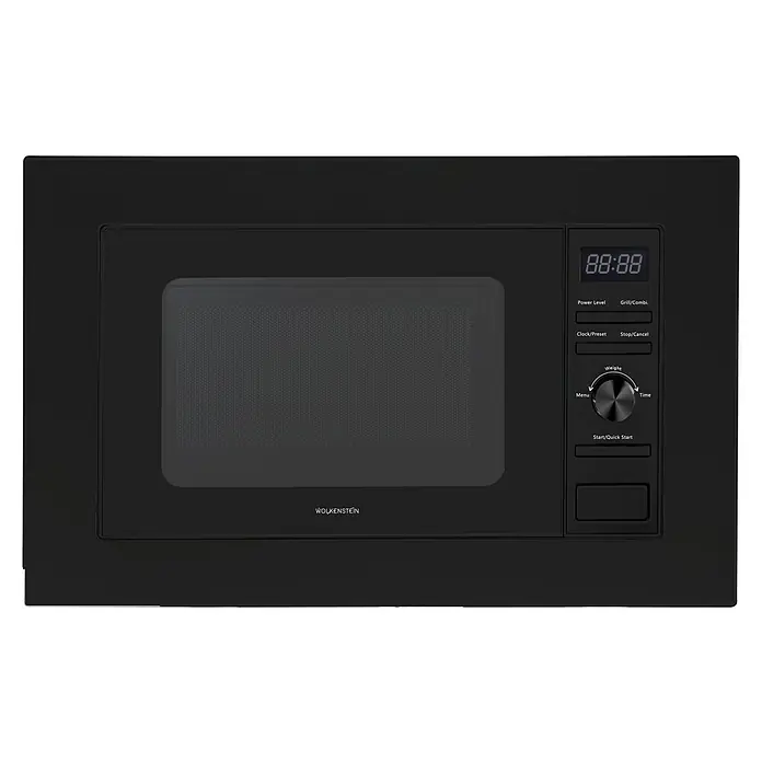 Wolkenstein Einbau-Mikrowelle WMW800-20GB - Max. Leistung: 800 W, 20 l, Schwarz - Nahaufnahme einer schwarzen WOLKENSTEIN Mikrowelle mit digitaler Anzeige und Bedienfeld.