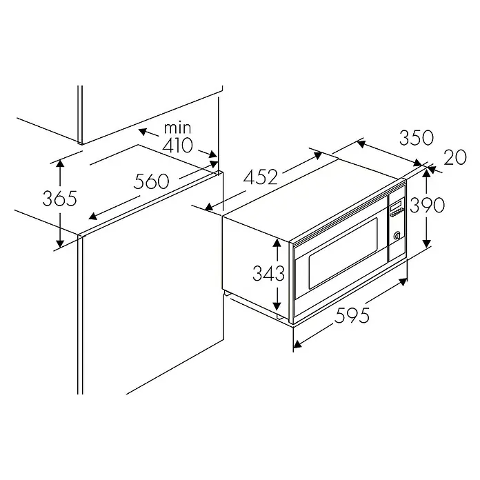 Wolkenstein Einbau-Mikrowelle WMW800-20GB - Max. Leistung: 800 W, 20 l, Schwarz - Produktansicht mit Maßangaben. Darstellung eines Einbaubackofens mit dazugehörigen Maßen in mm. Einbaumaße sind auch abgebildet.
