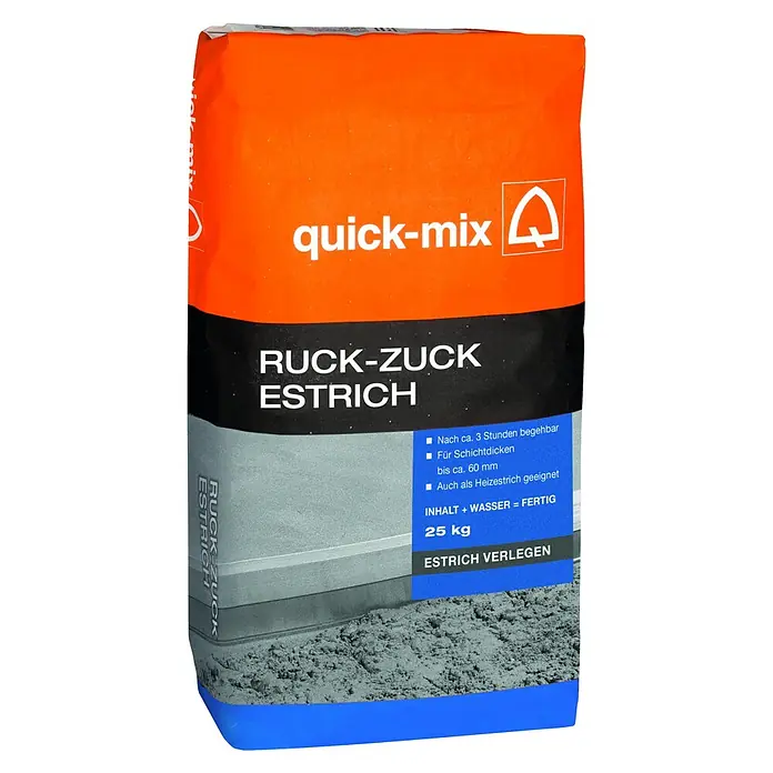 Quick-Mix Estrich Ruck Zuck RZE - 25 kg - Bild einer Packung Quick-Mix Ruck-Zuck Estrich, einem schnell trocknenden Estrichmörtel für den Innenbereich.