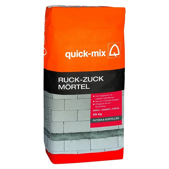 Quick-Mix Kalkzementputz Ruck Zuck Mörtel - 25 kg - Sack Quick-Mix Ruck-Zuck Mörtel. Zum Ausgleichen unebener Wandflächen, nach ca. 12 Stunden belegbar, einlagig bis 40 mm Schichtdicke.