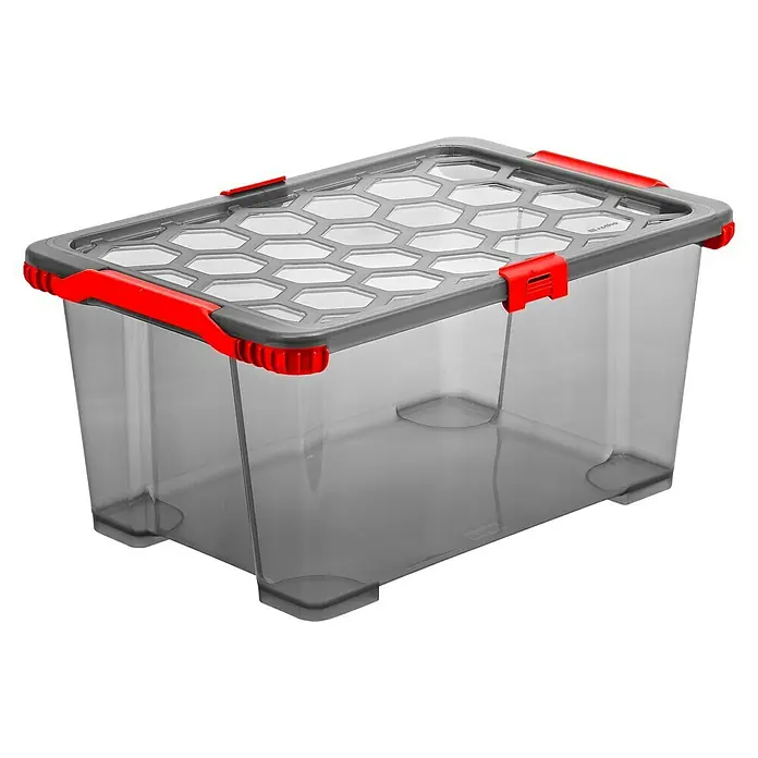 Rotho Aufbewahrungsbox Evo Total - L x B x H: 59 x 39,5 x 28 cm, Fassungsvermögen: 44 l, Kunststoff, Farbe Deckel: Transparent - Transparente Aufbewahrungsbox mit grauem Deckel und roten Akzenten für stilvolle Ordnung. Ideal für Zuhause oder Büro.