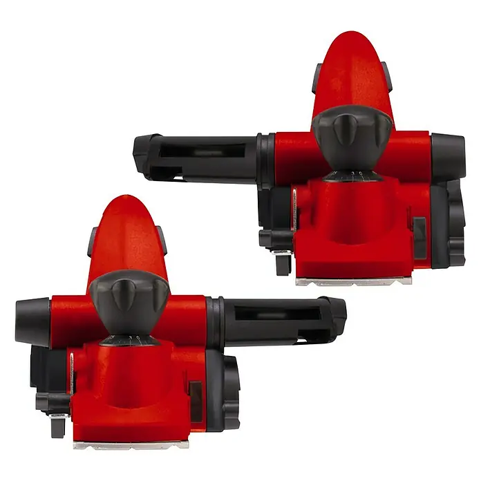 Einhell Expert Elektrohobel TE-PL 900 - 900 W, Hobeltiefe: 0 mm - 3 mm, Leerlaufdrehzahl: 15.000 U/min - Zwei rote und schwarze Einhell Schleifmaschinen sind auf einem schwarzen Hintergrund abgebildet.