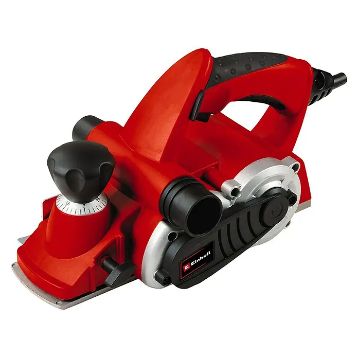 Einhell Expert Elektrohobel TE-PL 900 - 900 W, Hobeltiefe: 0 mm - 3 mm, Leerlaufdrehzahl: 15.000 U/min - Abbildung eines roten Einhell Elektrohobels auf schwarzem Hintergrund.