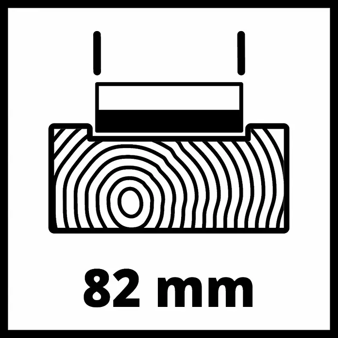 Einhell Expert Elektrohobel TE-PL 900 - 900 W, Hobeltiefe: 0 mm - 3 mm, Leerlaufdrehzahl: 15.000 U/min - Bild einer Holzklemme mit den Maßen 82 mm, die die Spannweite des Werkzeugs für Holzbearbeitung oder Montagearbeiten angibt.