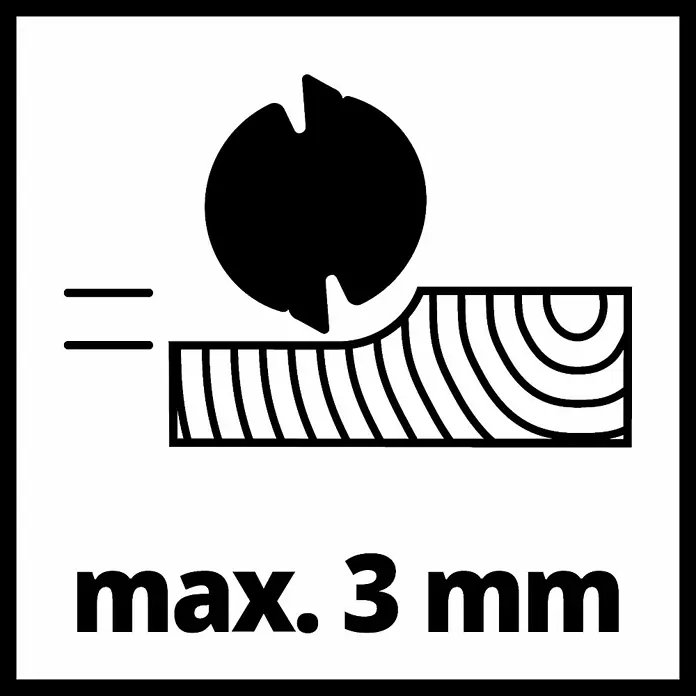 Einhell Expert Elektrohobel TE-PL 900 - 900 W, Hobeltiefe: 0 mm - 3 mm, Leerlaufdrehzahl: 15.000 U/min - Symbol für die maximale Schnitttiefe von 3 mm für Holzarbeiten. Es zeigt eine rotierende Klinge und ein Holzstück.