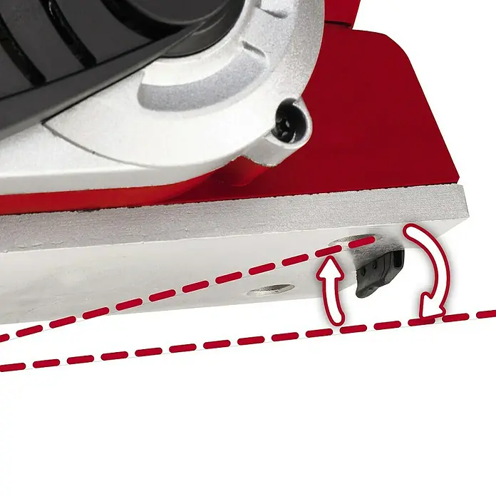 Einhell Expert Elektrohobel TE-PL 900 - 900 W, Hobeltiefe: 0 mm - 3 mm, Leerlaufdrehzahl: 15.000 U/min - Detailansicht einer Hobelmaschine mit roter gestrichelter Linie und weißen Pfeilen, die die Drehbewegung des Hobels andeuten.