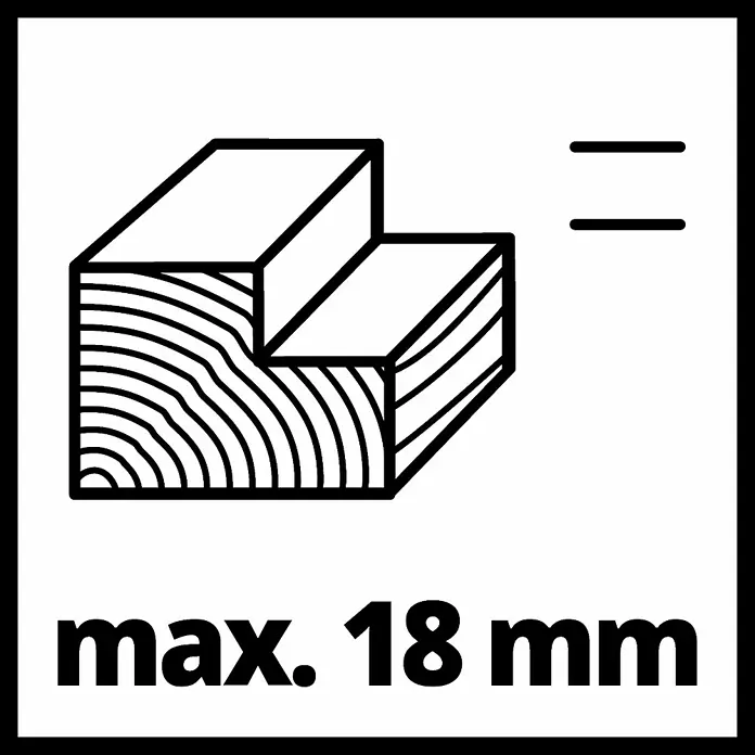 Einhell Expert Elektrohobel TE-PL 900 - 900 W, Hobeltiefe: 0 mm - 3 mm, Leerlaufdrehzahl: 15.000 U/min - Bild zeigt ein Symbol für die maximale Dicke von Holzwerkstoffen, begrenzt auf 18 mm, dargestellt als Holzblock mit Jahresringen.